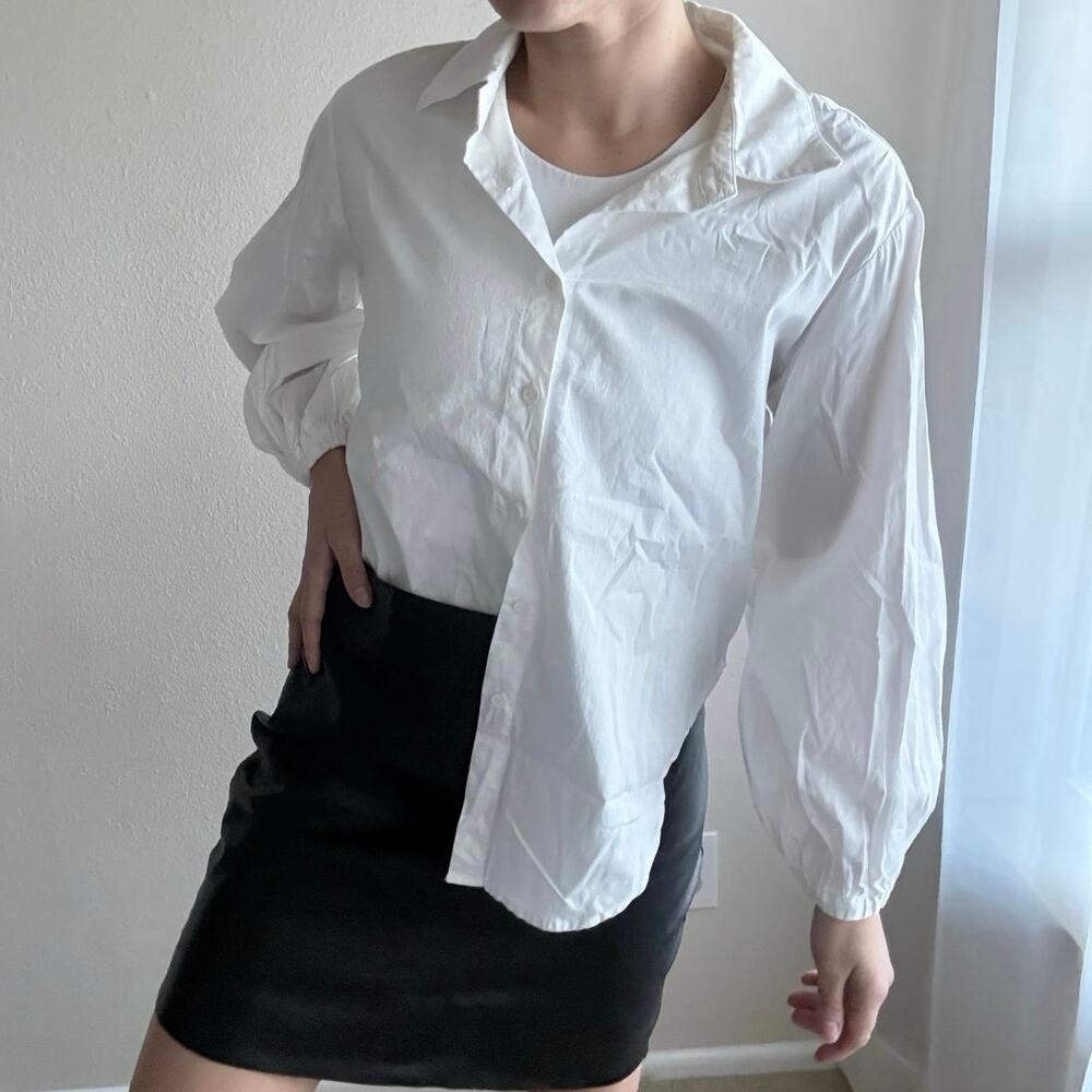 Sheike White Button-Up Blouse puffy sleeves minimalist neutral office corporate